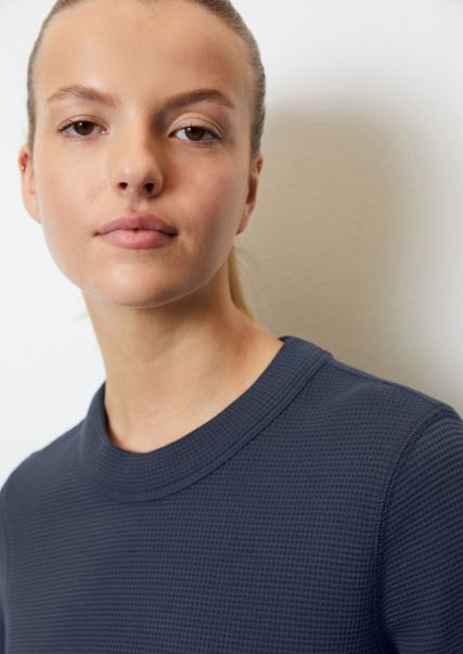 T-Shirts Dames Navy Teal Longsleeve Met Wafelstructuur Van Biologisch Katoen Kopen
